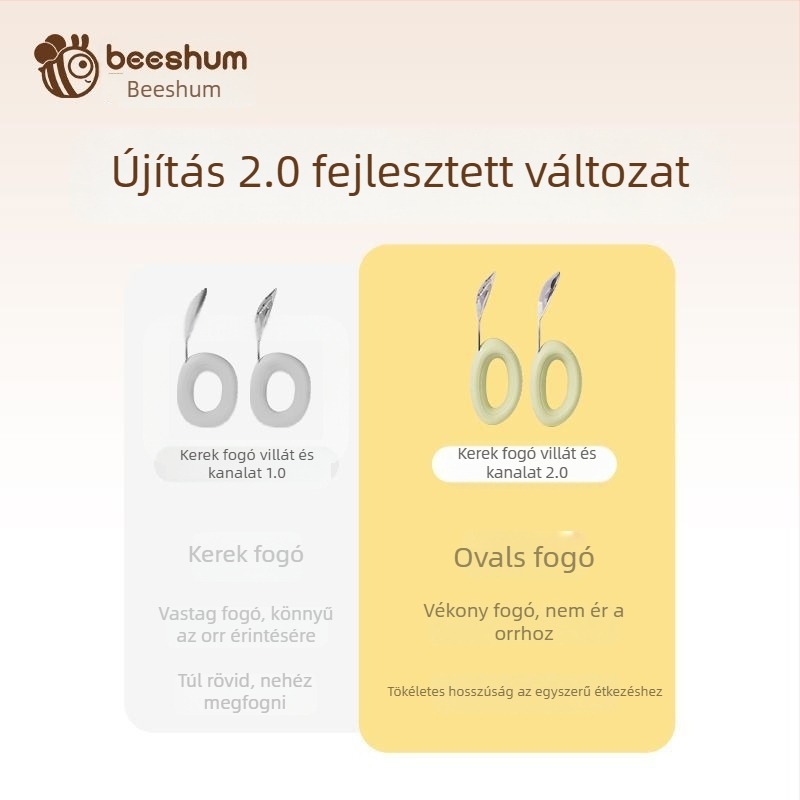 Beeshum Gyerekeknek készült villa és kanál készlet önálló etetéshez — tanító evőeszköz, rozsdamentes acél, 3 hónapos kortól, 1 készlet, minimalist stílus