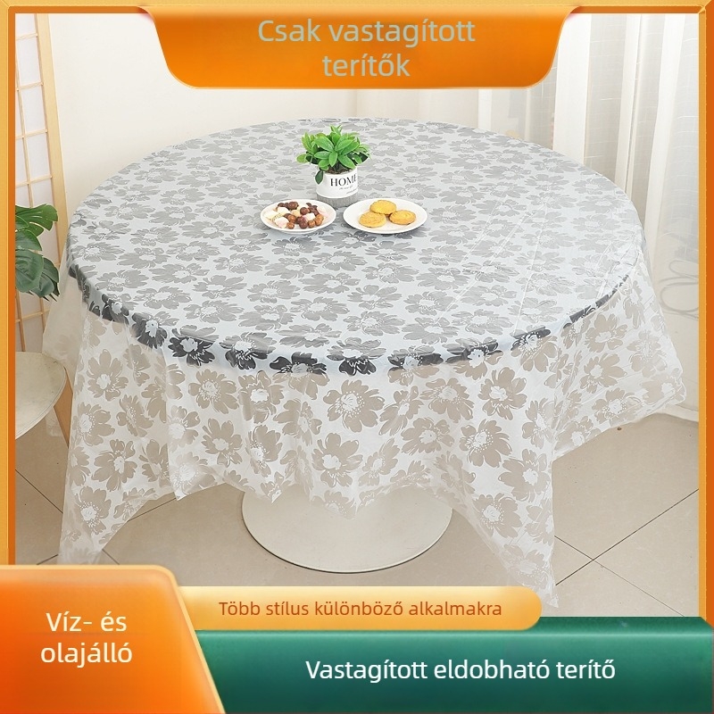 Egyszer használatos műanyag asztalterítő, vastított, kör- és téglalap alakú asztalokhoz, mintás, vízálló és olajálló.