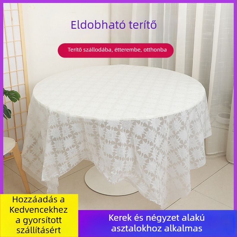 Egyszer használatos műanyag asztalterítő, vastított, kör- és téglalap alakú asztalokhoz, mintás, vízálló és olajálló.