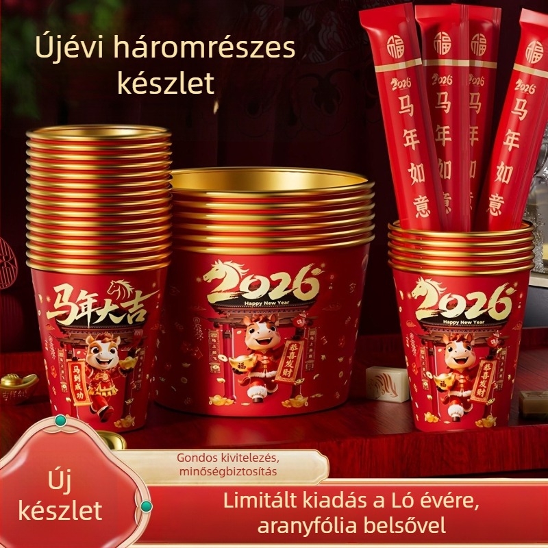 Aranyfóliás egyszer használatos tál és evőpálca készlet, 2026 – A Ló éve, vastított és megerősített otthoni használatra