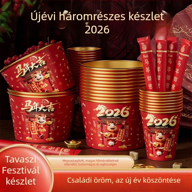 Aranyfóliás egyszer használatos tál és evőpálca készlet, 2026 – A Ló éve, vastított és megerősített otthoni használatra