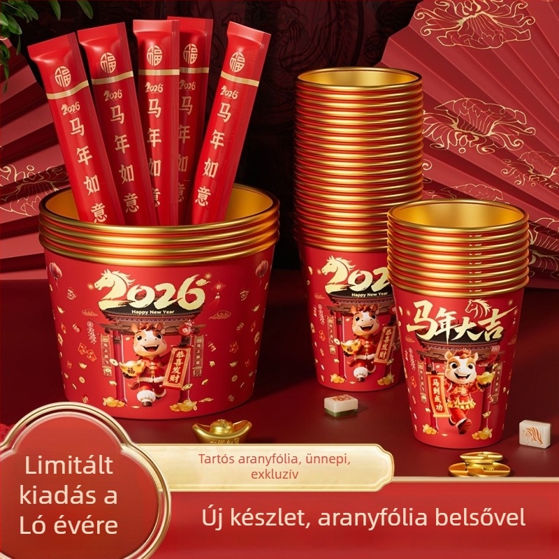 Aranyfóliás egyszer használatos tál és evőpálca készlet, 2026 – A Ló éve, vastított és megerősített otthoni használatra
