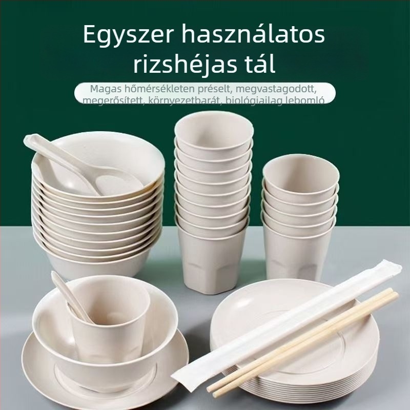 Rizshéjból készült egyszer használatos étkészlet vastagított tálakkal és evőpálcákkal, biológiailag lebomló, élelmiszerbiztonságos, környezetbarát, hőálló, otthoni és kemping használatra.