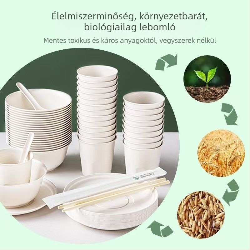 Rizshéjból készült egyszer használatos étkészlet vastagított tálakkal és evőpálcákkal, biológiailag lebomló, élelmiszerbiztonságos, környezetbarát, hőálló, otthoni és kemping használatra.
