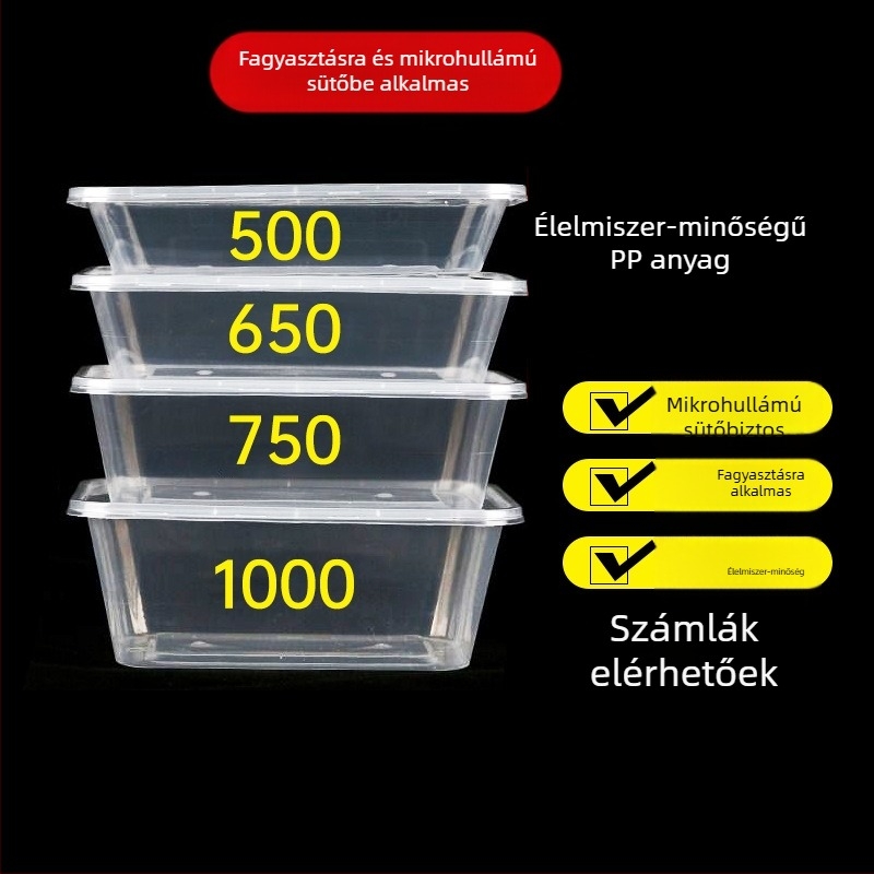 Egyszer használatos műanyag ebédes doboz fedővel, téglalap alakú vagy kerek, elvitelhez, frissen tartja az ételeket, vastagított kialakítás.