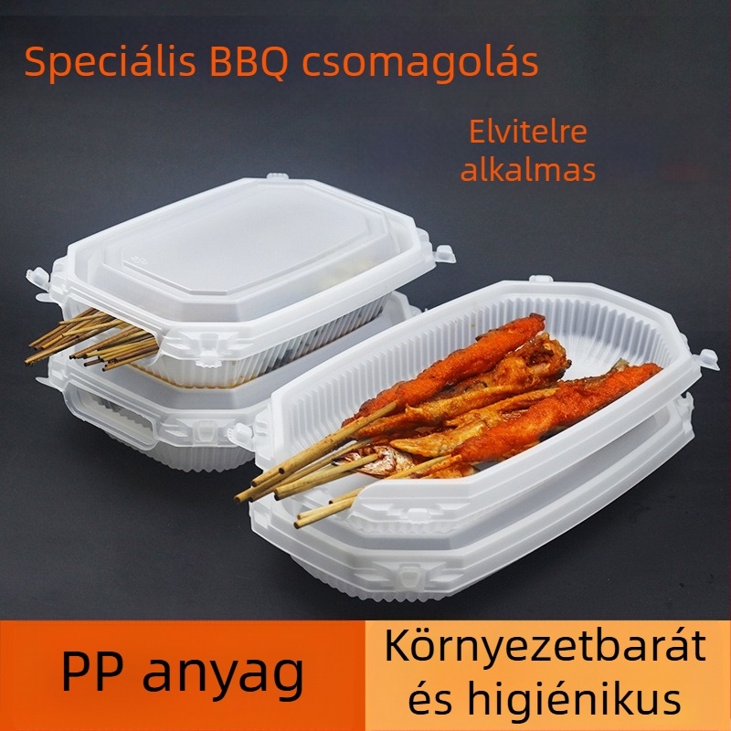 Egyszer használatos BBQ takeout doboz, téglalap alakú, nyitott tetejű PP ebédes doboz, nyomtatott logóval, mikrohullámú sütőhöz nem alkalmas, csomagolás 150/box vagy 200/box