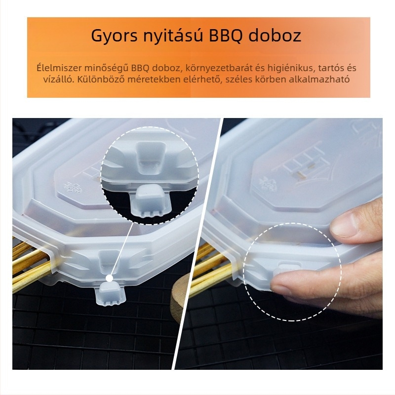 Egyszer használatos BBQ takeout doboz, téglalap alakú, nyitott tetejű PP ebédes doboz, nyomtatott logóval, mikrohullámú sütőhöz nem alkalmas, csomagolás 150/box vagy 200/box