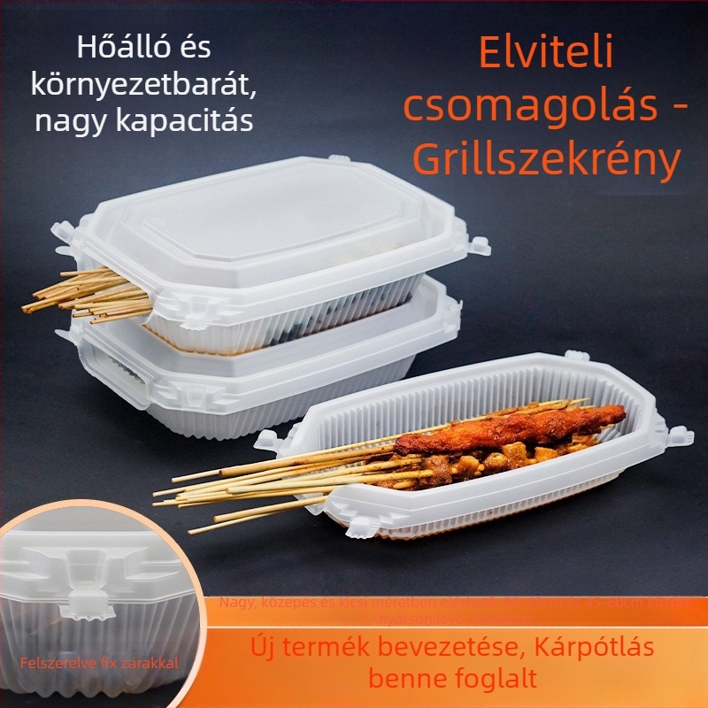 Egyszer használatos BBQ takeout doboz, téglalap alakú, nyitott tetejű PP ebédes doboz, nyomtatott logóval, mikrohullámú sütőhöz nem alkalmas, csomagolás 150/box vagy 200/box