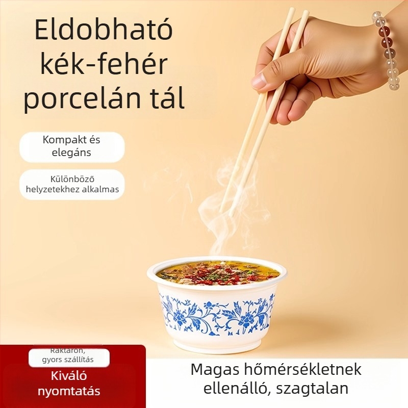 Egyszer használatos műanyag tálak készlet kék-fehér porcelán mintával, otthoni piknikhez, vastagított, élelmiszerbiztonsági minőség, magas hőmérséklet-ellenállás