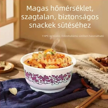 Egyszer használatos kék-fehér porcelán tálak evőeszköz készlettel; élelmiszer-minőségű vastagabb tálak háztartási használatra; kör alakú tálak leveshez és rizshez.