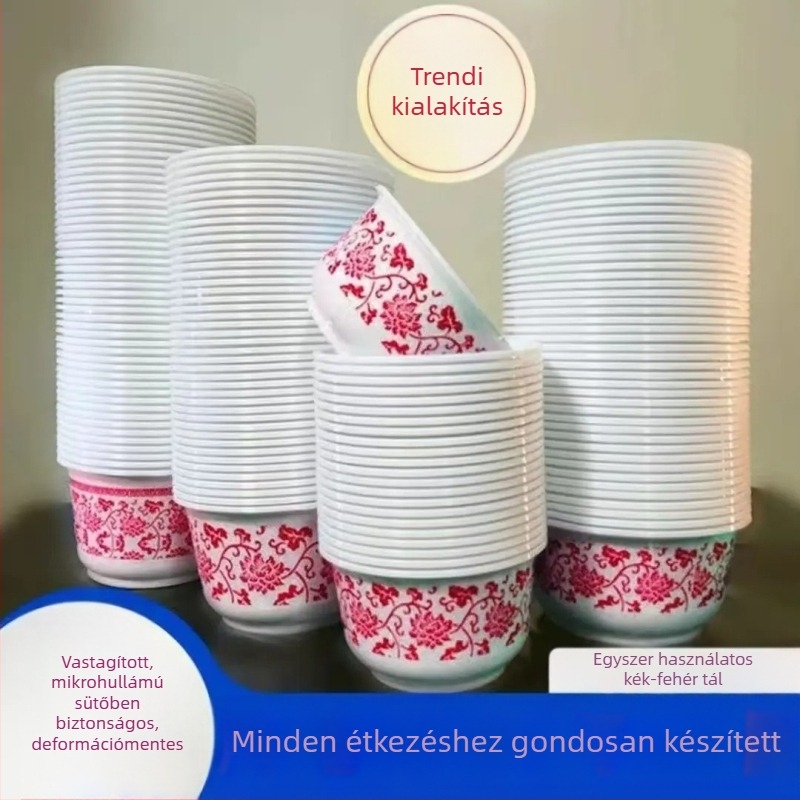 Egyszer használatos kék-fehér porcelán tálak evőeszköz készlettel; élelmiszer-minőségű vastagabb tálak háztartási használatra; kör alakú tálak leveshez és rizshez.