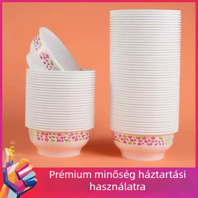 Egyszer használatos kék-fehér porcelán tálak evőeszköz készlettel; élelmiszer-minőségű vastagabb tálak háztartási használatra; kör alakú tálak leveshez és rizshez.