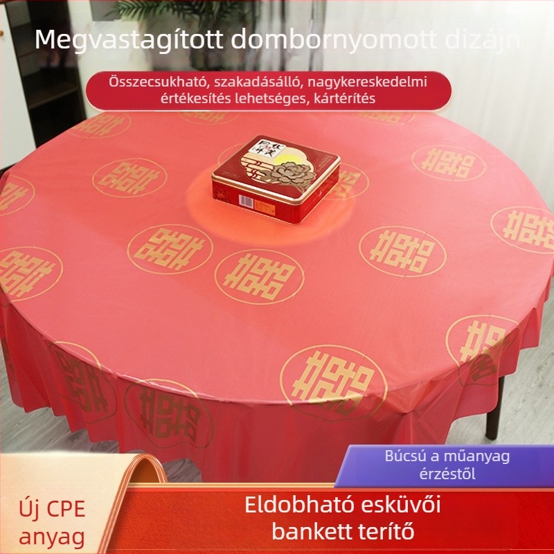 Esküvői vacsora asztalterítő, egyszer használatos CPE anyagból, piros kettő s boldogság mintával, vízálló, méretek 1,6×1,6 m vagy 1,8×1,8 m