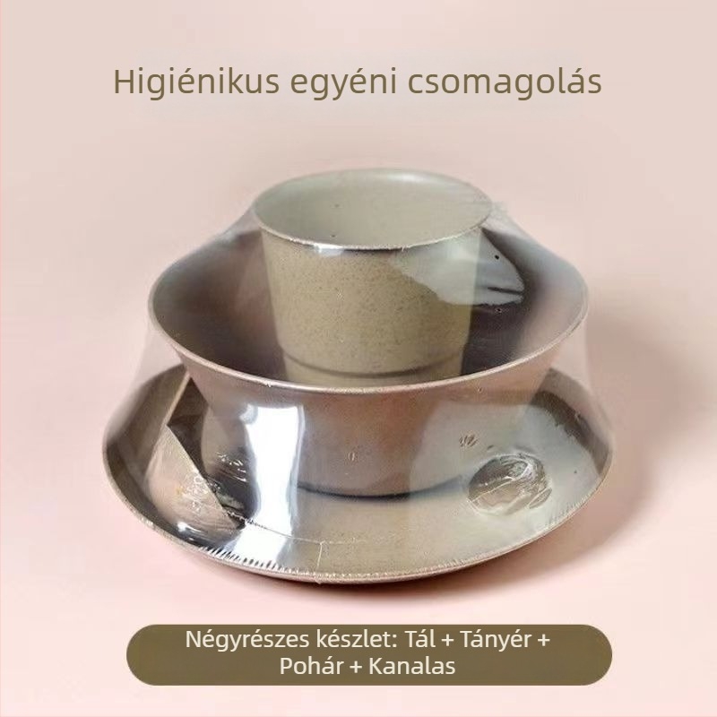 Egyszer használatos műanyag étkészlet: tálak, tányérok, poharak és kanalak; vastagság 1 mm; kapacitás 200–400 ml; biológiailag lebomló; csomagolás 100 készlet dobozonként