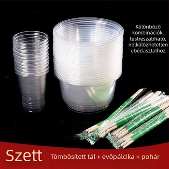 Egyszer használatos edénykészlet poharakkal, vastagított kör alakú műanyag tálak bankettekre, otthonra és elvitelre