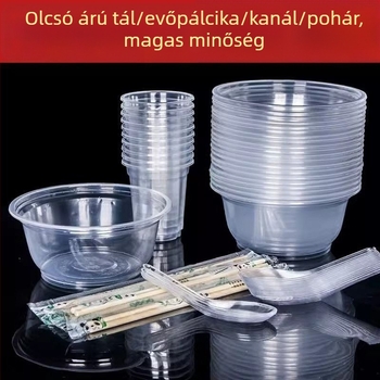 Egyszer használatos edénykészlet poharakkal, vastagított kör alakú műanyag tálak bankettekre, otthonra és elvitelre