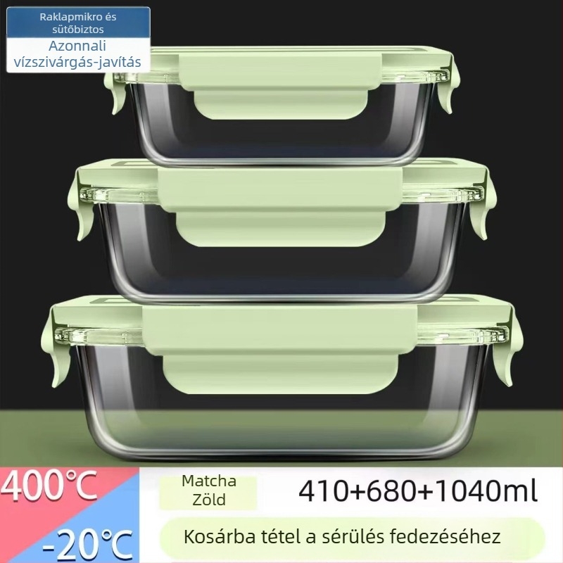 Mikrohullámú sütőben használható üveges ebédes doboz fedővel és dedikált tálkával – Bento stílus