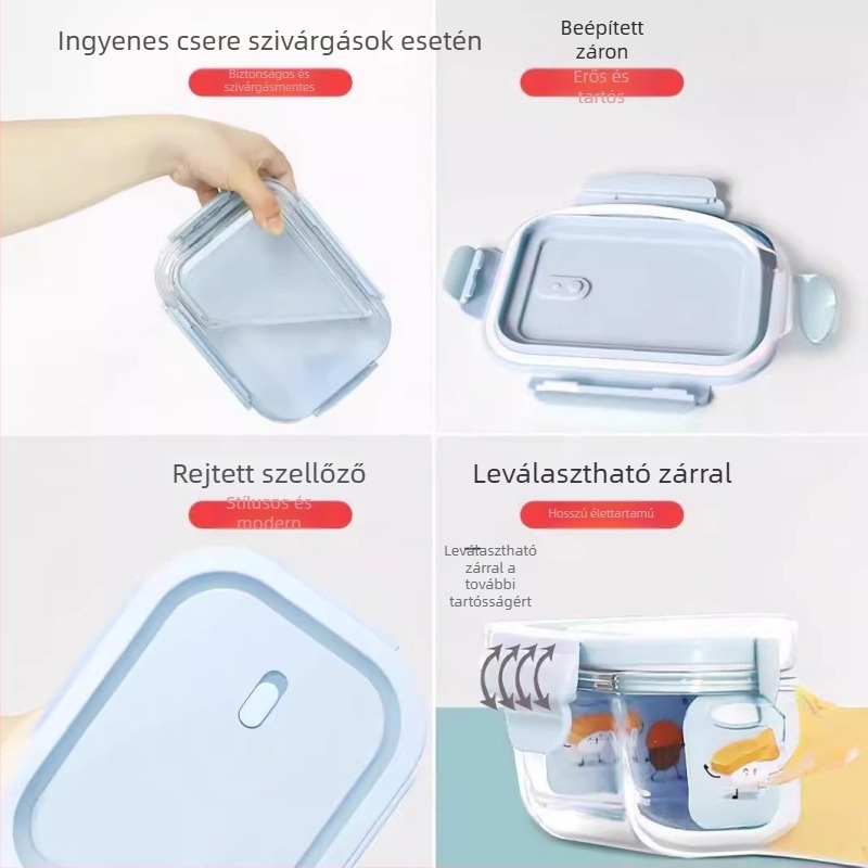 Mikrohullámú sütőben használható üveges ebédes doboz fedővel és dedikált tálkával – Bento stílus