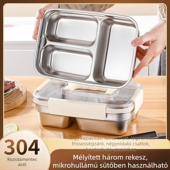 304 rozsdamentes acél ételtároló doboz fogantyúval és zárófedővel, 1800 ml, három rekeszes