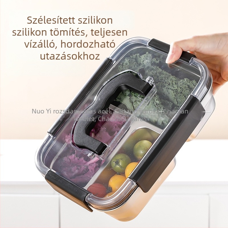 304 rozsdamentes acél ételtároló doboz fogantyúval és zárófedővel, 1800 ml, három rekeszes