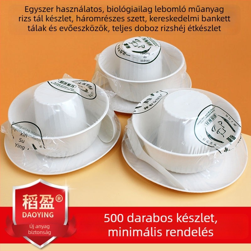 Élelmiszer-minőségű egyszer használatos rizshéj étkészlet — tálak, evőpálcák és kanál (3 részes készlet)