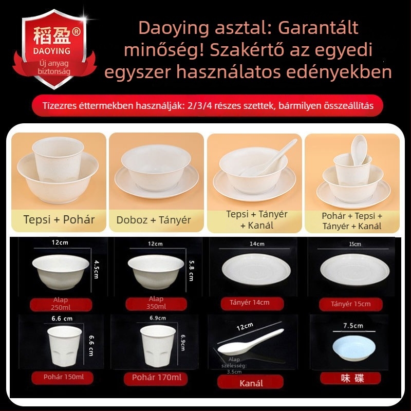 Élelmiszer-minőségű egyszer használatos rizshéj étkészlet — tálak, evőpálcák és kanál (3 részes készlet)