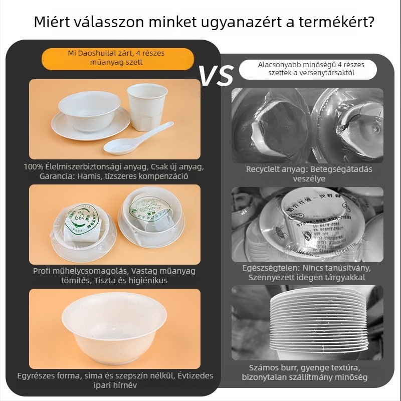 Élelmiszer-minőségű egyszer használatos rizshéj étkészlet — tálak, evőpálcák és kanál (3 részes készlet)
