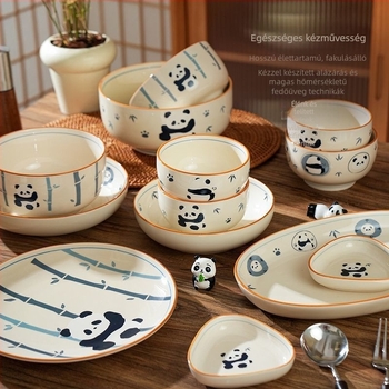 Panda porcelán tál- és tányérkészlet, kézzel festett karikatúra dizájn, mikrohullámú sütőben használható, 2025-ös megjelenés.