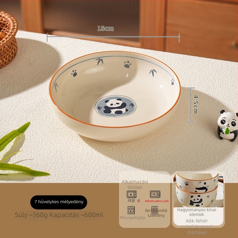 Panda porcelán tál- és tányérkészlet, kézzel festett karikatúra dizájn, mikrohullámú sütőben használható, 2025-ös megjelenés.