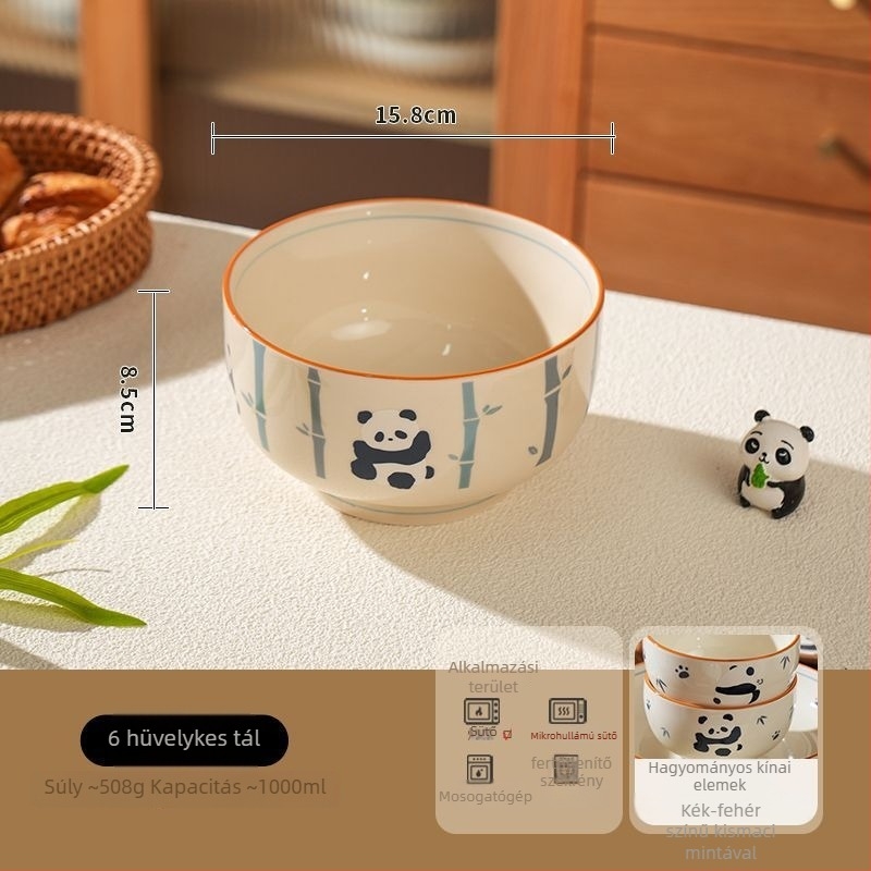 Panda porcelán tál- és tányérkészlet, kézzel festett karikatúra dizájn, mikrohullámú sütőben használható, 2025-ös megjelenés.