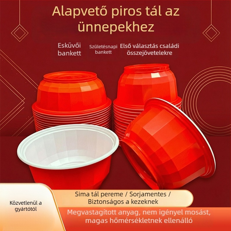 Egyszer használatos műanyag tál, élelmiszer-minőségű, piros, ünnepi esküvői tál háztartási asztali használatra