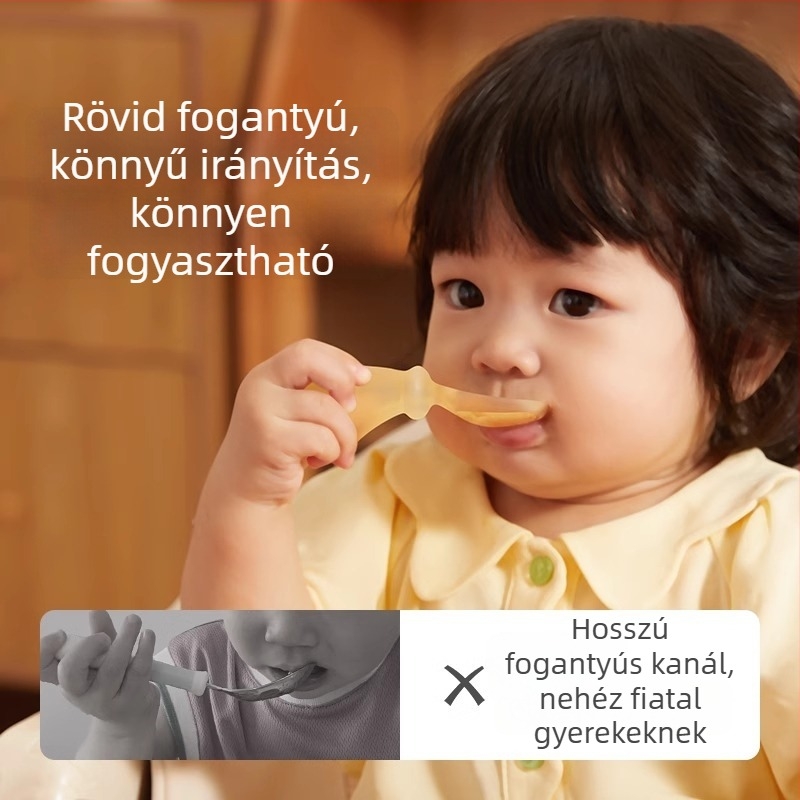 Baba etetési készlet: edzésre használható villa és kanál, PPSU + szilikon, 6 hónap felett, 1 készlet, rajzfilmszerű stílus (Vonalkód: 6940066611199)