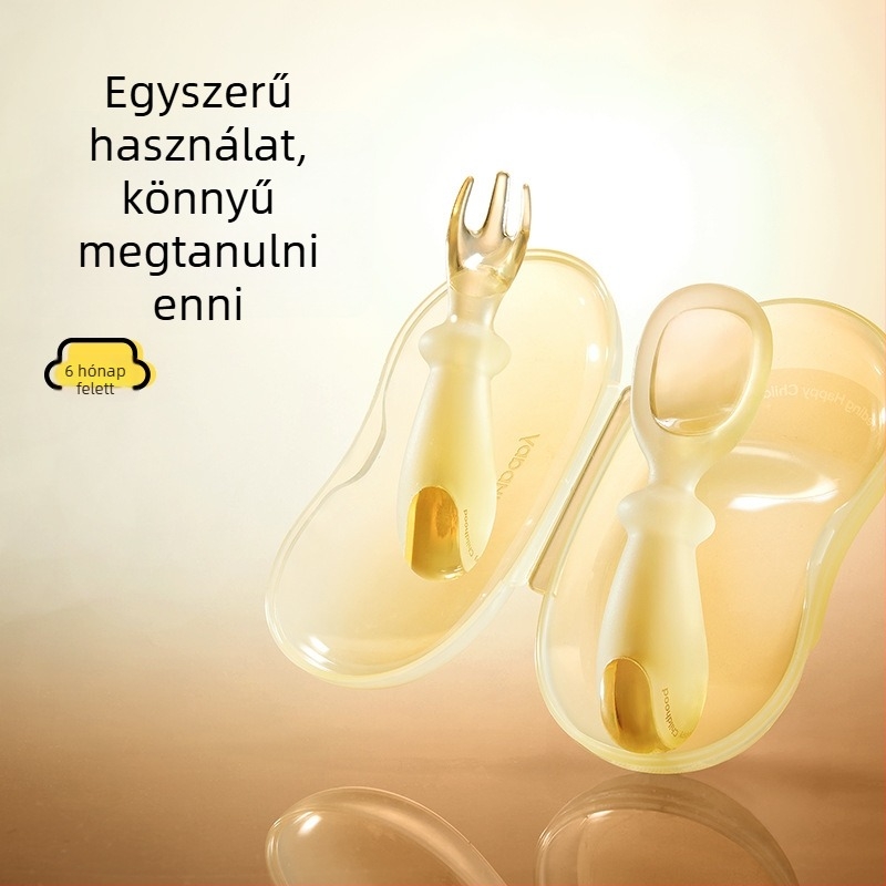 Baba etetési készlet: edzésre használható villa és kanál, PPSU + szilikon, 6 hónap felett, 1 készlet, rajzfilmszerű stílus (Vonalkód: 6940066611199)