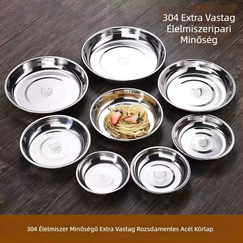 304 rozsdamentes acélból készült kerek tál, modern minimalist stílus, mikrohullámú sütőben használható, egyszínű kivitel, logónyomás és testreszabás elérhető.
