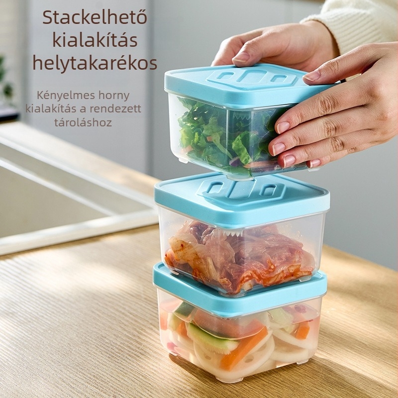 Konyhai tároló, egymásra rakható, PP+ szilikon fedéllel, négyzetes, 301–500 ml, egy réteg, frissesség megőrzése