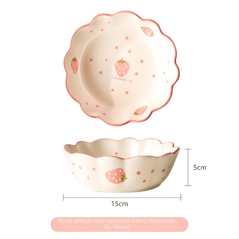 Porcelán tál- és tányérkészlet, pöttyös minta, aranyos stílus, kerek forma, mikrohullámú sütőben használható