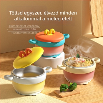 Babafogó tál 316 rozsdamentes acél belsővel, szigetelt és hőmérséklet-érzékeny színváltozással, levehető és mosható, rögzítő szívókoronggal és fűtőszalaggal, két rekesz a tejporhoz, 2 darabos készlet, 6 hónaptól ajánlott