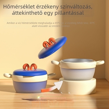 Babafogó tál 316 rozsdamentes acél belsővel, szigetelt és hőmérséklet-érzékeny színváltozással, levehető és mosható, rögzítő szívókoronggal és fűtőszalaggal, két rekesz a tejporhoz, 2 darabos készlet, 6 hónaptól ajánlott