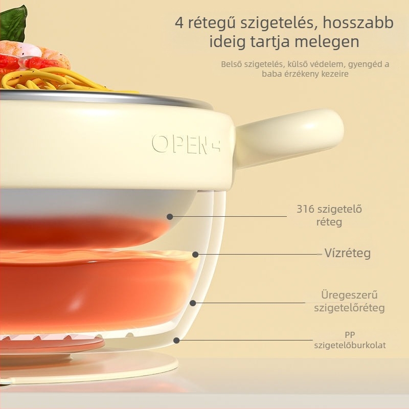 Babafogó tál 316 rozsdamentes acél belsővel, szigetelt és hőmérséklet-érzékeny színváltozással, levehető és mosható, rögzítő szívókoronggal és fűtőszalaggal, két rekesz a tejporhoz, 2 darabos készlet, 6 hónaptól ajánlott