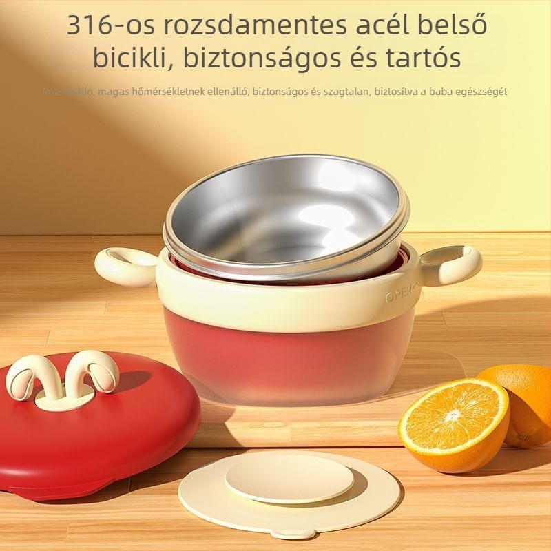 Babafogó tál 316 rozsdamentes acél belsővel, szigetelt és hőmérséklet-érzékeny színváltozással, levehető és mosható, rögzítő szívókoronggal és fűtőszalaggal, két rekesz a tejporhoz, 2 darabos készlet, 6 hónaptól ajánlott