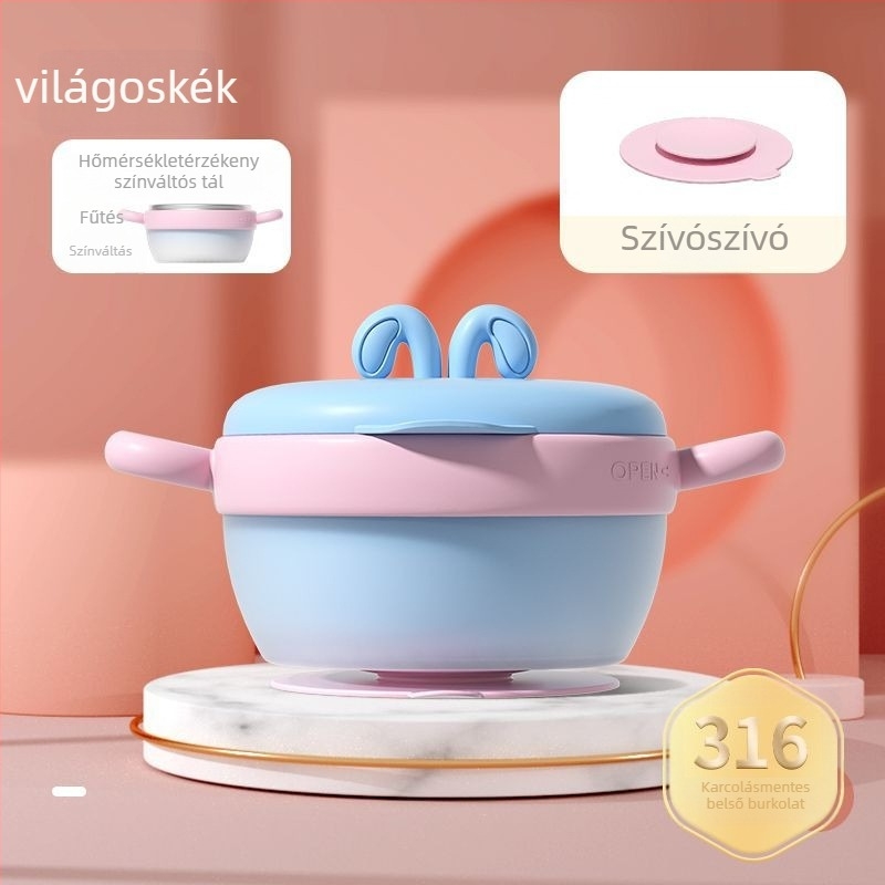 Babafogó tál 316 rozsdamentes acél belsővel, szigetelt és hőmérséklet-érzékeny színváltozással, levehető és mosható, rögzítő szívókoronggal és fűtőszalaggal, két rekesz a tejporhoz, 2 darabos készlet, 6 hónaptól ajánlott