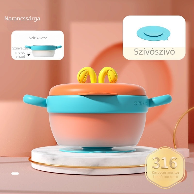Babafogó tál 316 rozsdamentes acél belsővel, szigetelt és hőmérséklet-érzékeny színváltozással, levehető és mosható, rögzítő szívókoronggal és fűtőszalaggal, két rekesz a tejporhoz, 2 darabos készlet, 6 hónaptól ajánlott