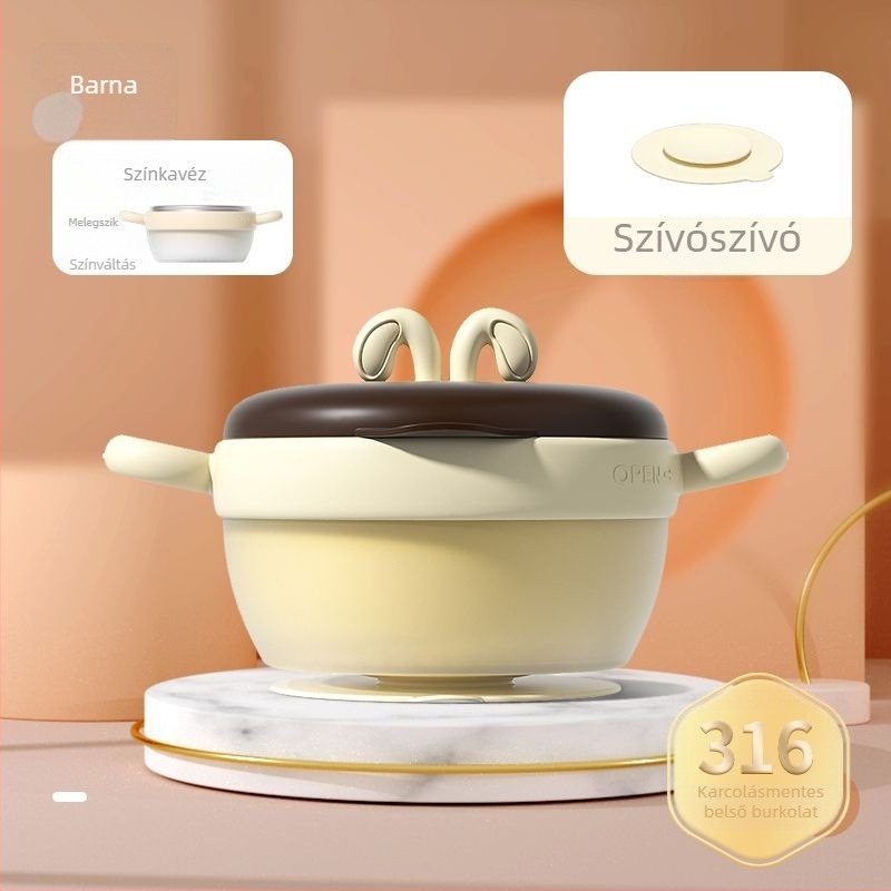 Babafogó tál 316 rozsdamentes acél belsővel, szigetelt és hőmérséklet-érzékeny színváltozással, levehető és mosható, rögzítő szívókoronggal és fűtőszalaggal, két rekesz a tejporhoz, 2 darabos készlet, 6 hónaptól ajánlott