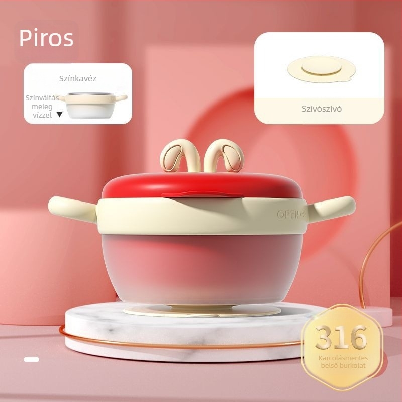 Babafogó tál 316 rozsdamentes acél belsővel, szigetelt és hőmérséklet-érzékeny színváltozással, levehető és mosható, rögzítő szívókoronggal és fűtőszalaggal, két rekesz a tejporhoz, 2 darabos készlet, 6 hónaptól ajánlott