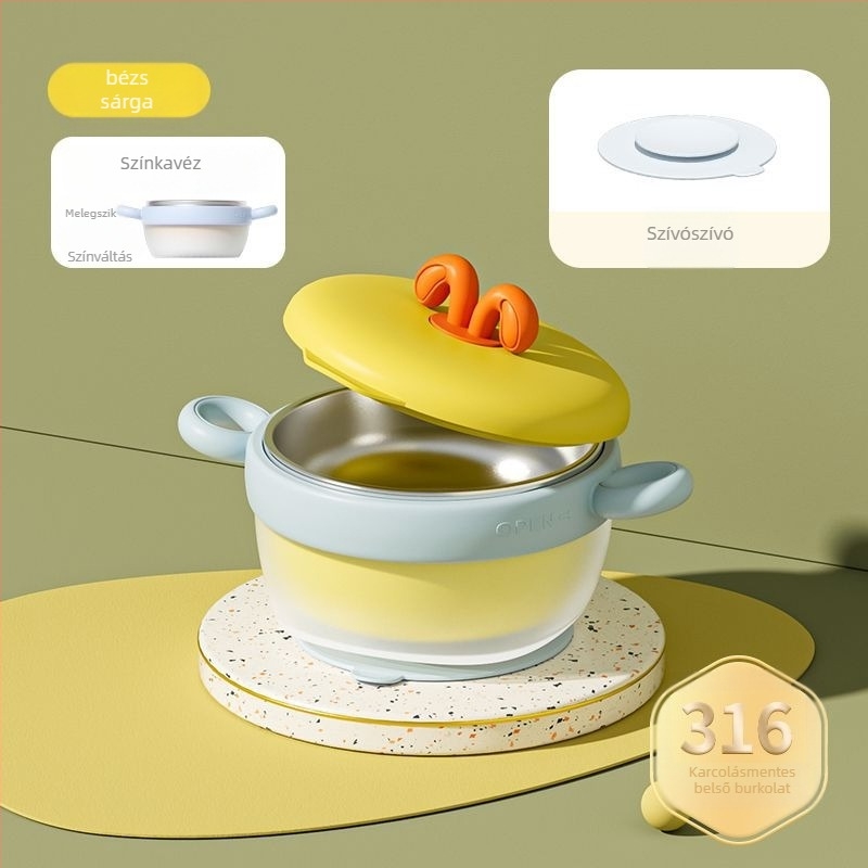 Babafogó tál 316 rozsdamentes acél belsővel, szigetelt és hőmérséklet-érzékeny színváltozással, levehető és mosható, rögzítő szívókoronggal és fűtőszalaggal, két rekesz a tejporhoz, 2 darabos készlet, 6 hónaptól ajánlott