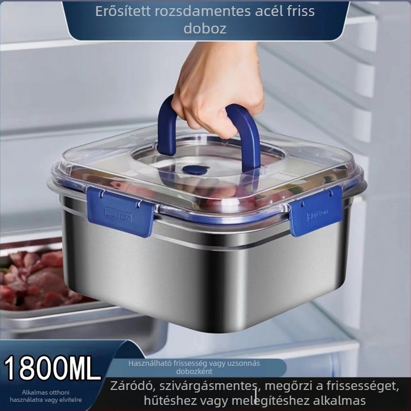 Rozsdamentes acél fedeles frissességmegőrző doboz, négyszögletes alak, 2,1–3 L kapacitás, egy rétegű, háztartási használatra