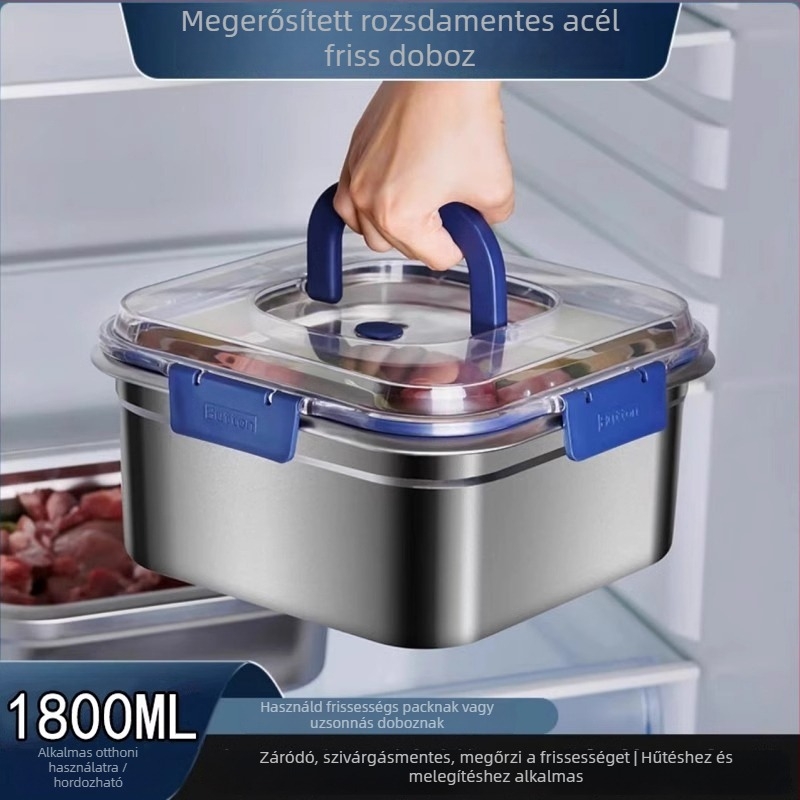 Rozsdamentes acél fedeles frissességmegőrző doboz, négyszögletes alak, 2,1–3 L kapacitás, egy rétegű, háztartási használatra