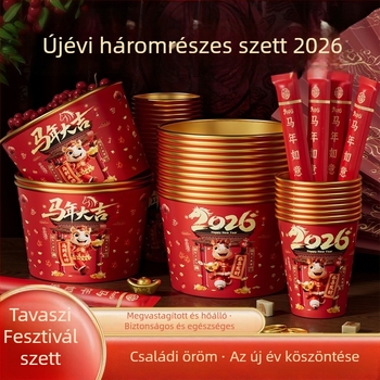 2026 Ló éve – Egyszer használatos tál- és evőpálca készlet aranyfóliával, otthoni használatra, vastított és megerősített, ünnepi papír poharak és tálak