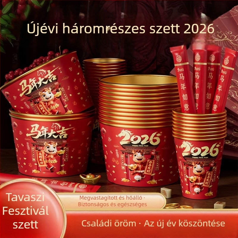 2026 Ló éve – Egyszer használatos tál- és evőpálca készlet aranyfóliával, otthoni használatra, vastított és megerősített, ünnepi papír poharak és tálak
