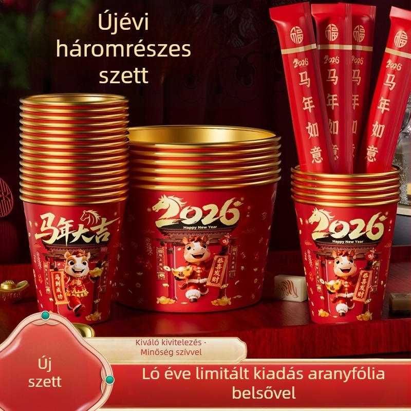 2026 Ló éve – Egyszer használatos tál- és evőpálca készlet aranyfóliával, otthoni használatra, vastított és megerősített, ünnepi papír poharak és tálak